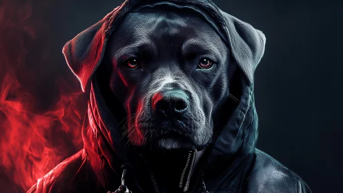 Streetwise ember hound in a hooded noir glow portrait.
