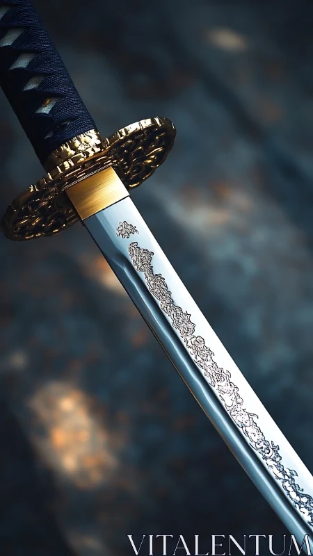 Ornate katana blade gleams with intricate golden detailing.