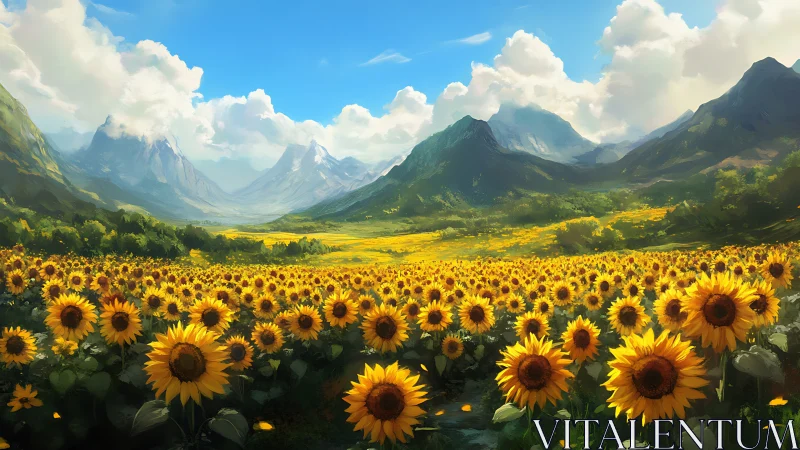 Digital painting landscape of sunflower valley and alpine peaks.