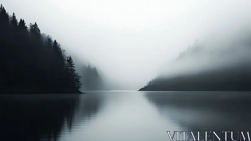 Fog-covered forested slopes meet calm reflective lake surface