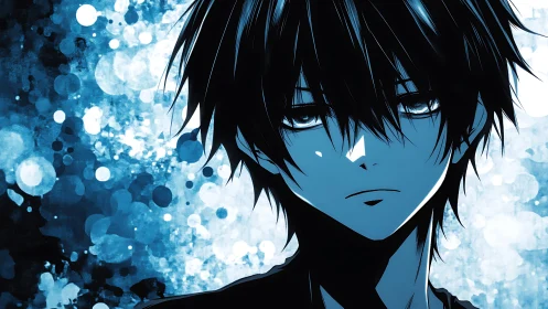 Melancholic anime boy against luminous blue bokeh haze.