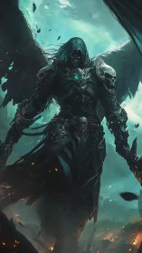 Winged armored figure in dark fantasy battle scene.