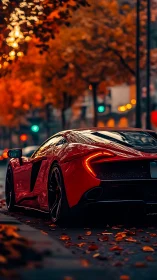Red supercar parked on city street in warm autumn light.