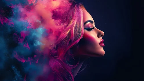 Neon-lit female profile merges into volumetric chromatic smoke field