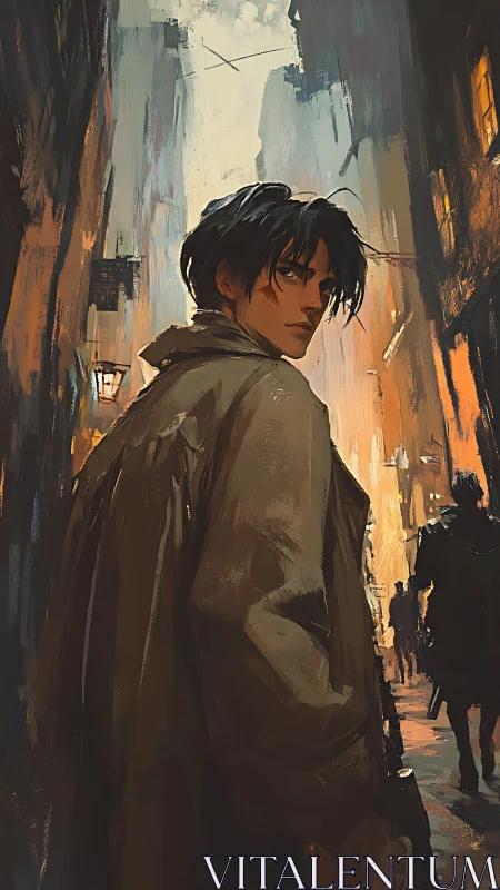 Male figure in trench coat within narrow urban alleyway.