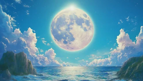 Moonrise over emerald tides in a cotton-candy sky.