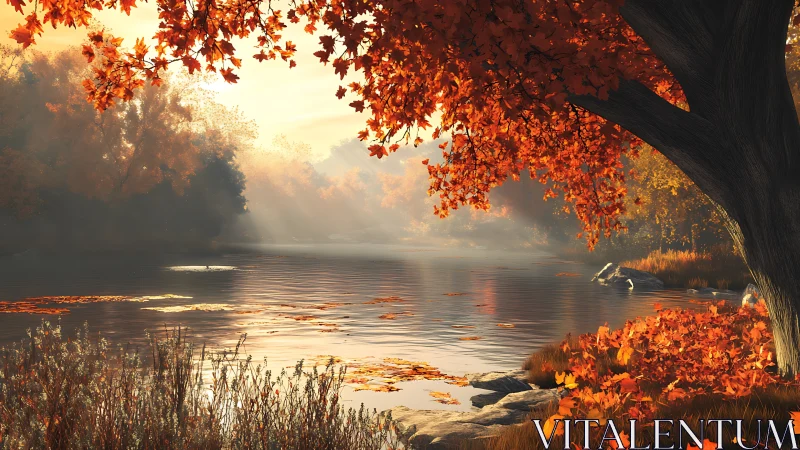 Golden autumn river glows softly beneath gentle morning light