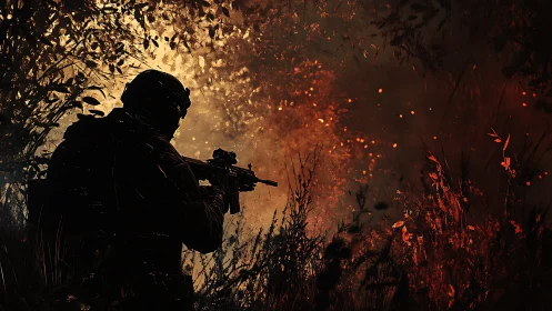 Tactical soldier silhouette in burning foliage under backlight