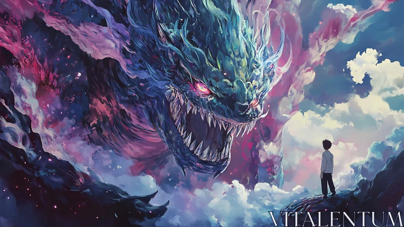 Colossal sky dragon confronts lone boy on cloud cliffs.