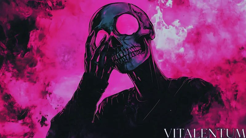 Neon magenta skeletal figure in smoke with hollow ocular voids