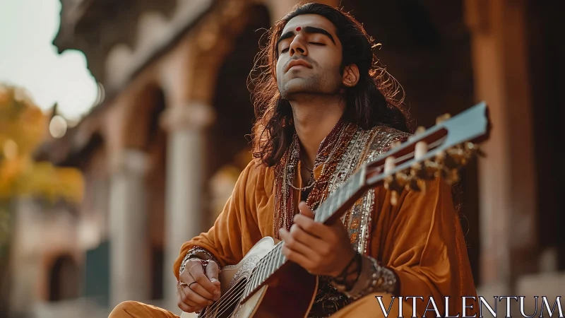 Photorealistic portrait of meditative guitarist in warm bokeh ambiance.
