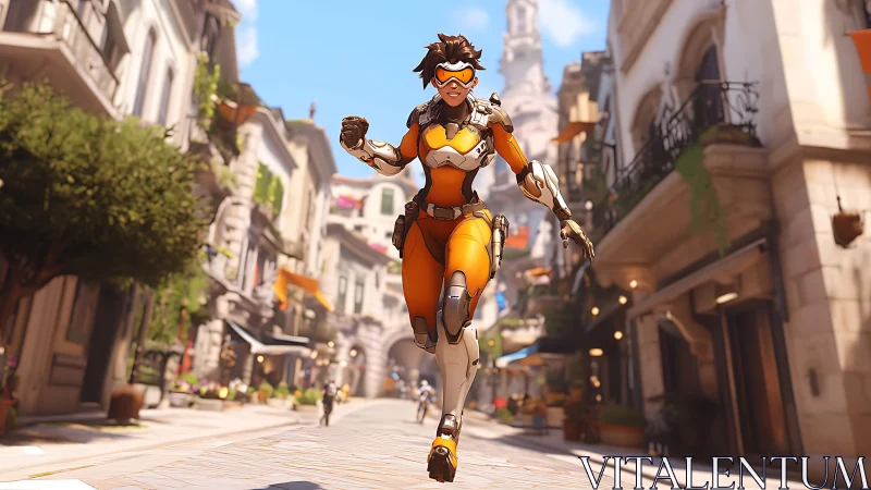 Futuristic speed heroine sprinting through sunlit city street.