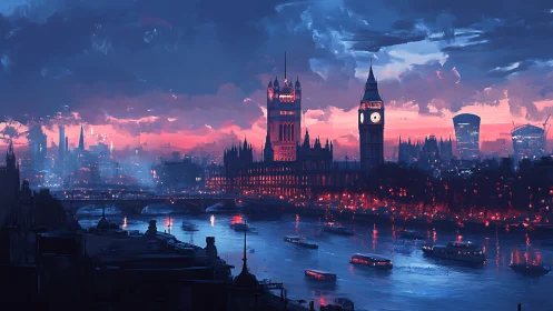 Neo-noir London skyline over Thames at electric dusk.