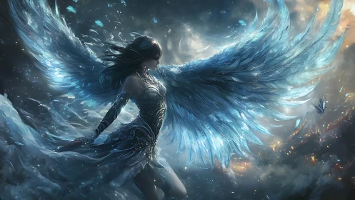 Celestial warrior angel with radiant frost-blue wings.