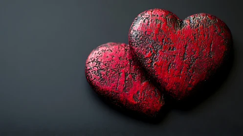 Two Red Metallic Heart Shapes with Textured Surface Rendering