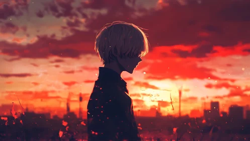 Silhouetted anime figure observes saturated red urban sunset