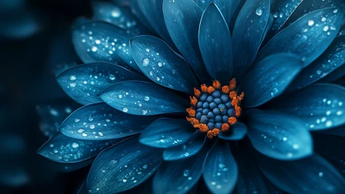 Deep blue daisy with orange center petals displaying water droplets in macro