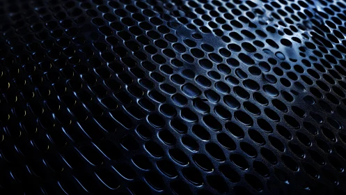Abstract close-up of black perforated metal surface with blue lighting.
