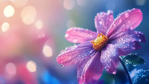 Purple Daisy Covered in Raindrops Against Soft Blue Bokeh Background.