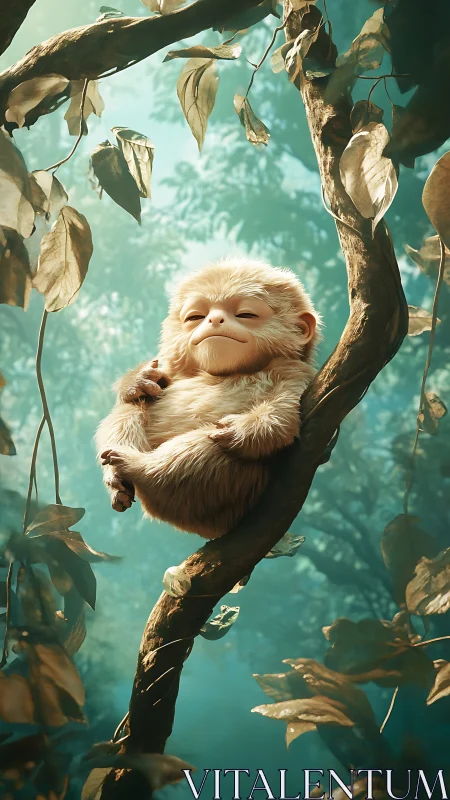 Rendered juvenile primate reclines on twisted branch in dappled light