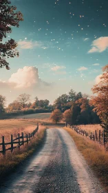 Gravel lane under luminescent dusk sky with autumnal fieldscape.