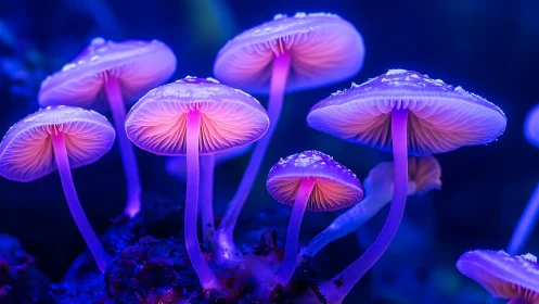 Bioluminescent-style mushrooms under blue and purple light.