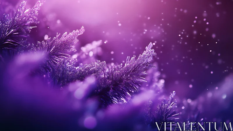 Glistening violet pine needles in a dreamy winter glow.