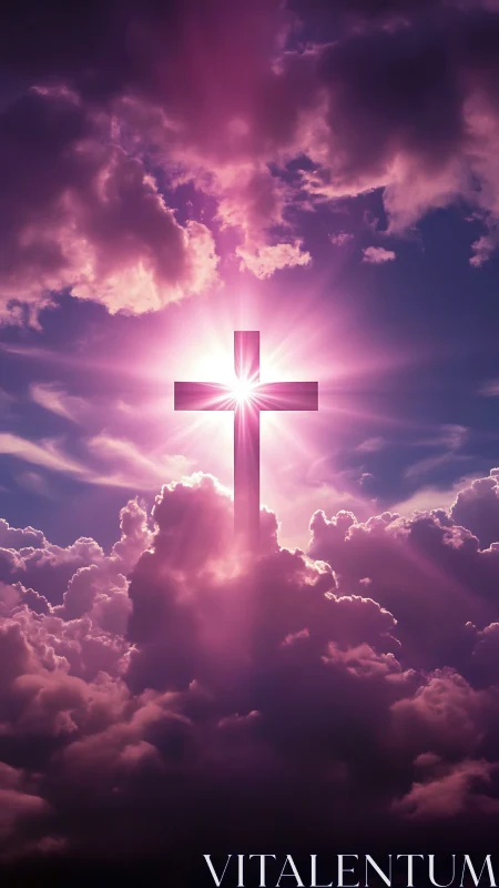 Radiant cross glows through violet clouds at heavenly dusk