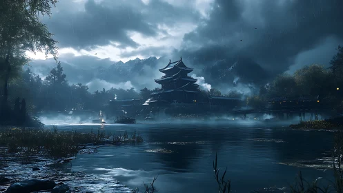 Stormy mountain lake with traditional Japanese temple