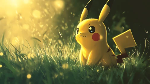 Gentle golden-hour Pikachu resting in glowing meadow light.