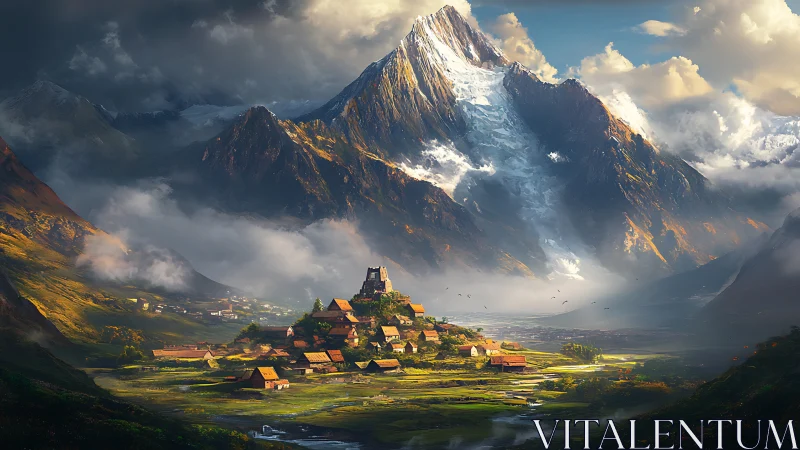 Mountain stronghold village under towering glacial peaks.