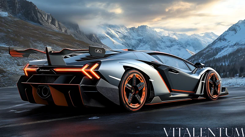 Hypercar rear profile in alpine dusk with neon orange trim.