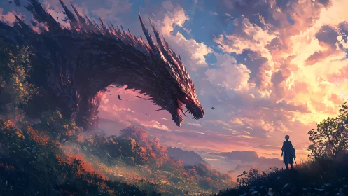 Dragon and lone hero meet beneath a blazing fantasy sky.