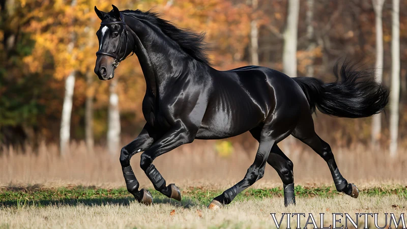 Black horse canters through autumn field in side profile