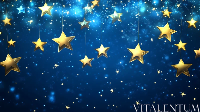 Golden suspended stars over luminous deep blue night sky.