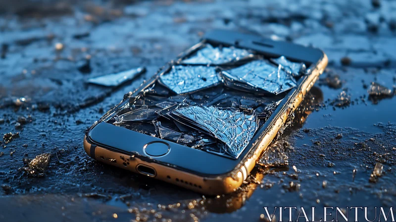 Shattered smartphone lies on wet asphalt in cold blue light.