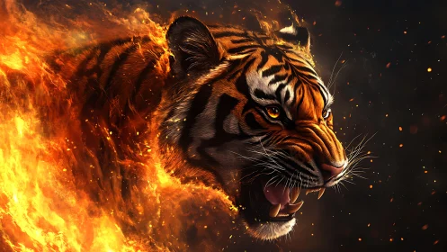 Blazing tiger spirit roars forward in a storm of vivid fire