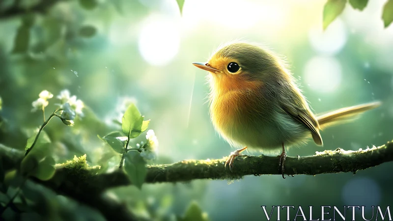 Cute Baby Bird on Mossy Branch in Dreamy Soft Focus Nature Scene.