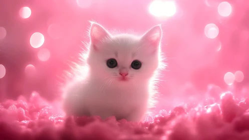 White Kitten Surrounded by Pink Cloud Dreamscape.