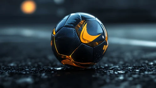 Night-lit soccer ball rests boldly on a slick urban street