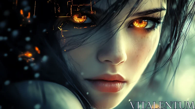 Cybernetic ember-eyed portrait with high-luminance gaze.