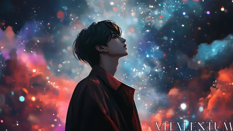 Side profile of figure against abstract cosmic backdrop.