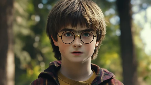 Young dreamer in round glasses beneath forest daylight.