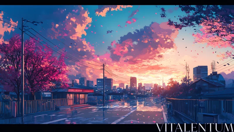 Twilight city avenue under glowing sakura clouds at dusk.