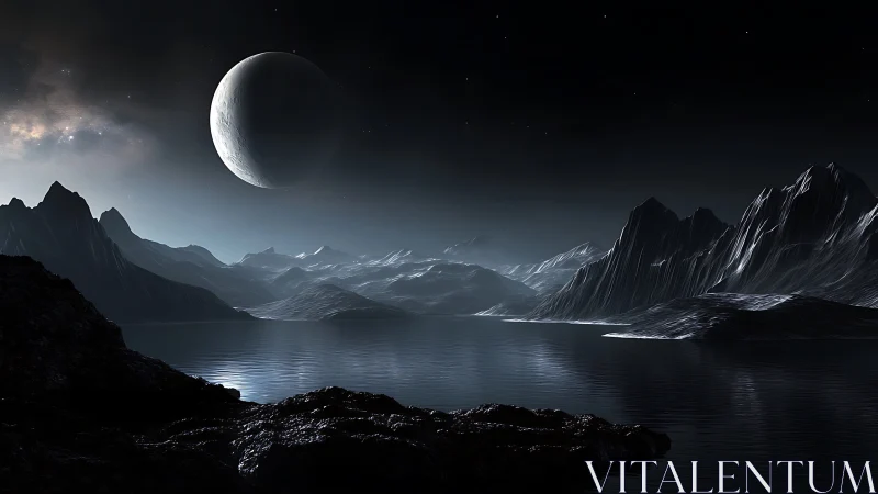 Nocturnal exoplanet seascape renders glacial mountains in silhouette