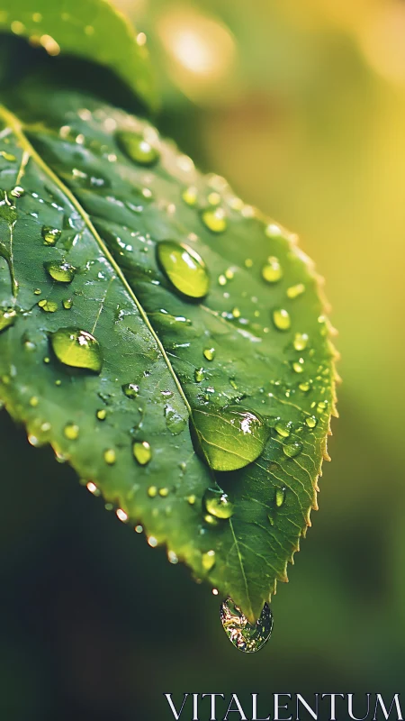 Rain-kissed leaf cradles crystal droplets in soft sunrise glow.