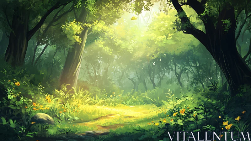 Sunlit Forest Clearing with Ancient Trees and Yellow Wildflowers