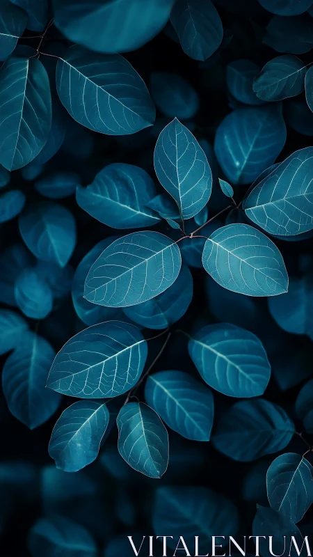Nocturnal cyan foliage forms a rhythmic, vein-lit botanical field