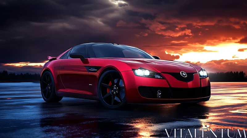 Crimson sports coupe prowls neon-wet asphalt at stormy dusk.