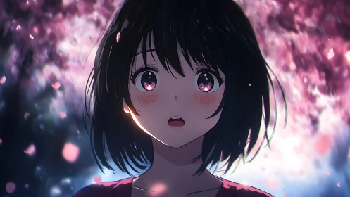 Backlit anime girl under kinetic sakura particle field.